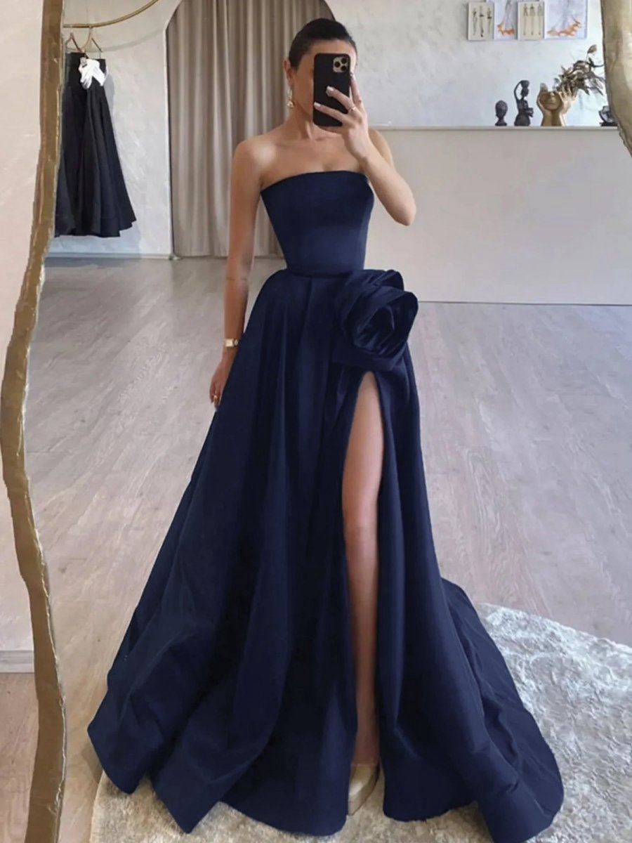 Strapless Satin Long Prom Dresses with High Split