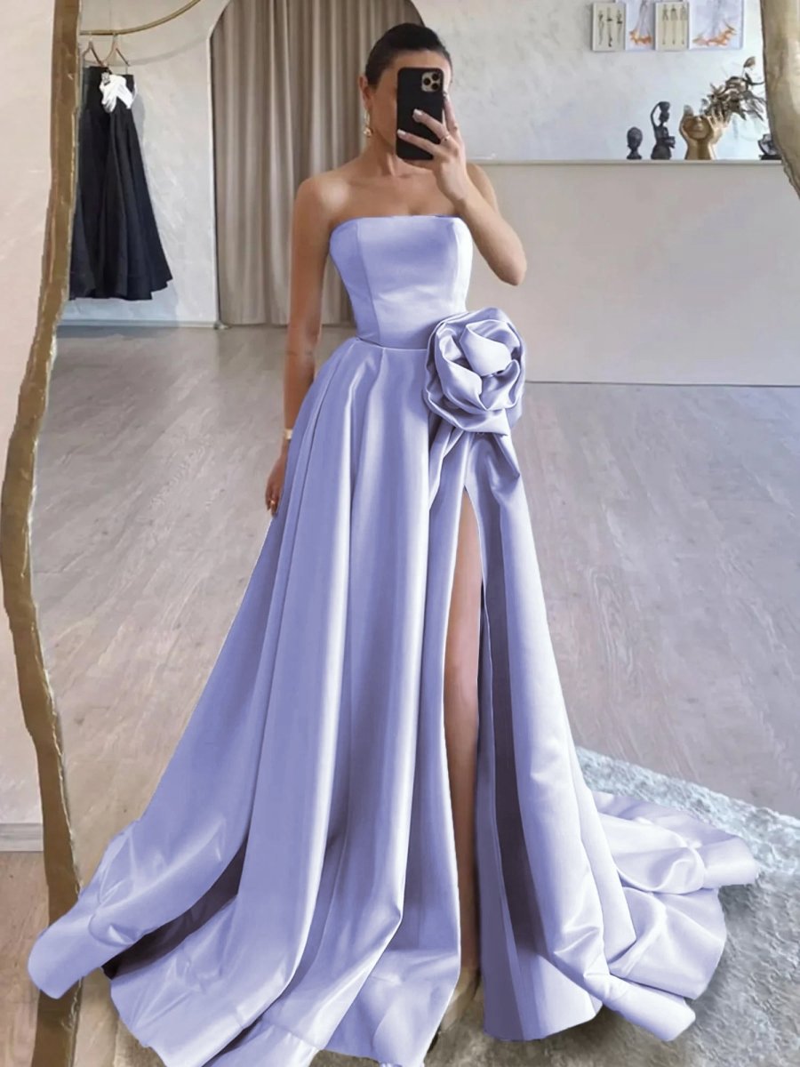 Strapless Satin Long Prom Dresses with High Split
