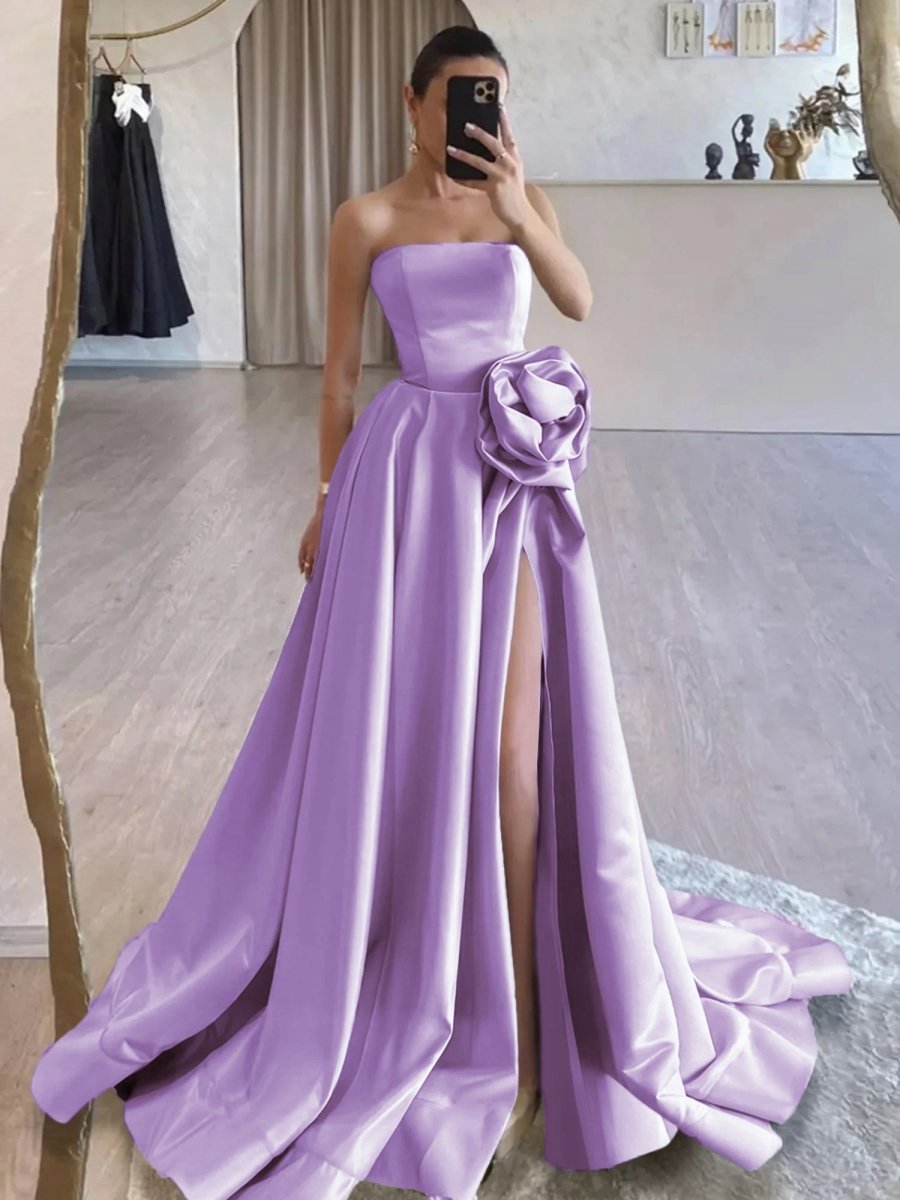 Strapless Satin Long Prom Dresses with High Split
