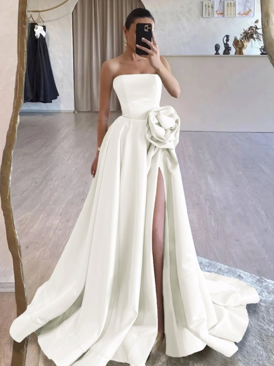 Strapless Satin Long Prom Dresses with High Split