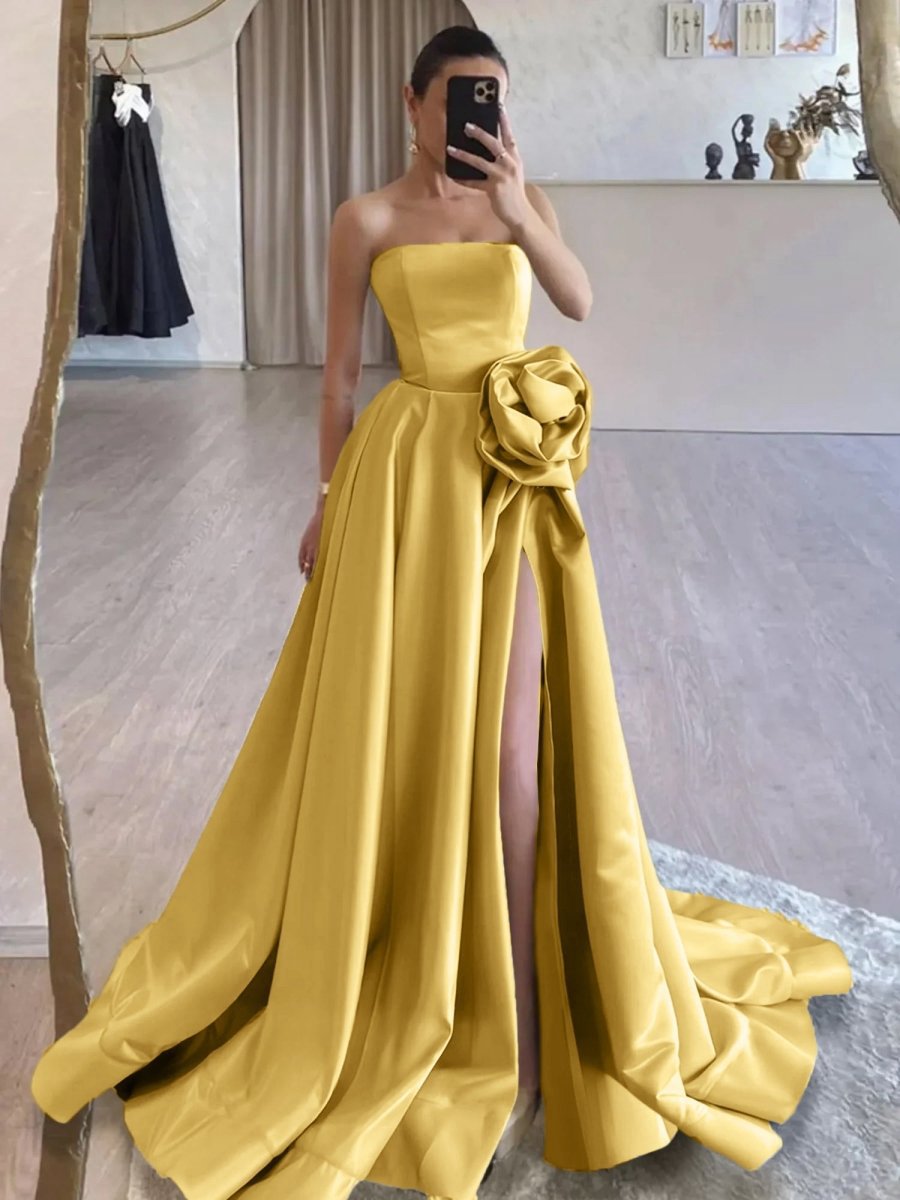 Strapless Satin Long Prom Dresses with High Split