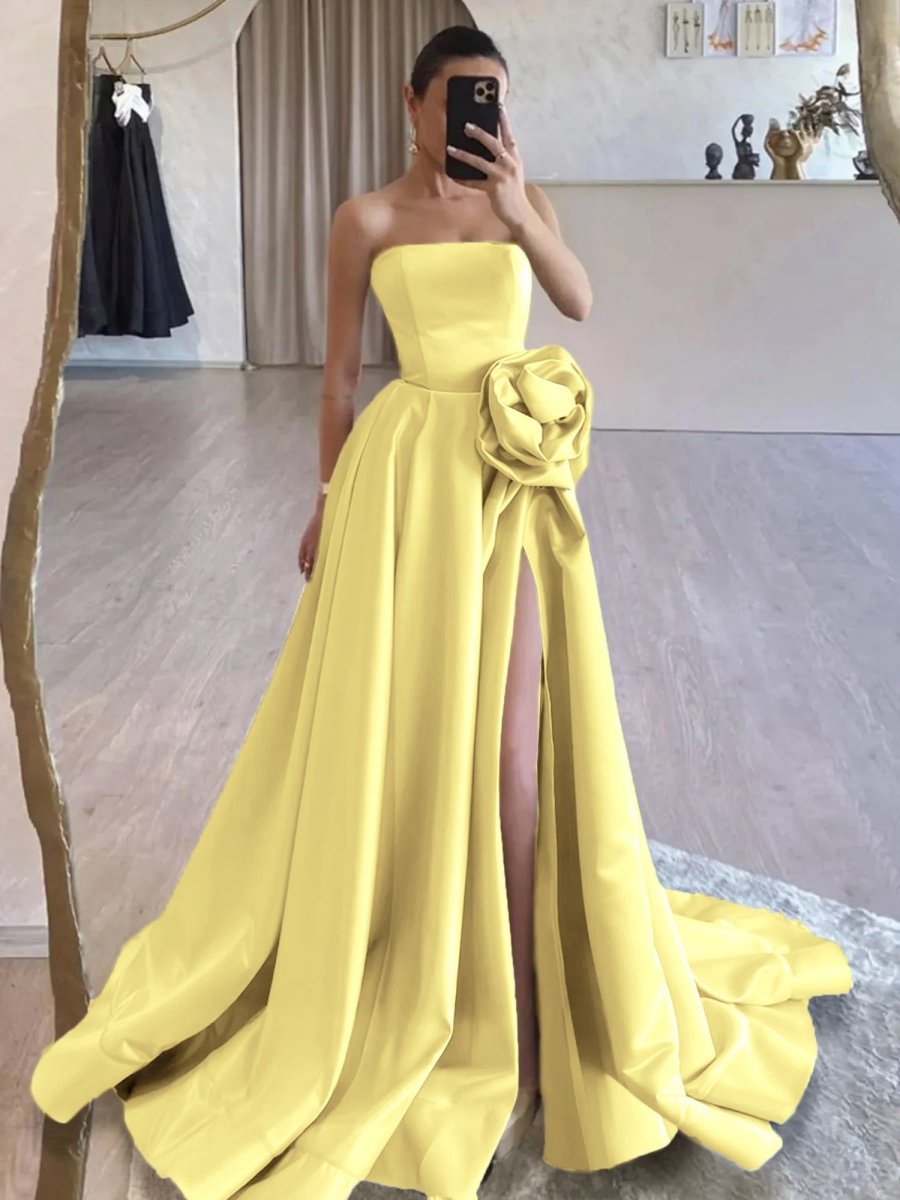 Strapless Satin Long Prom Dresses with High Split