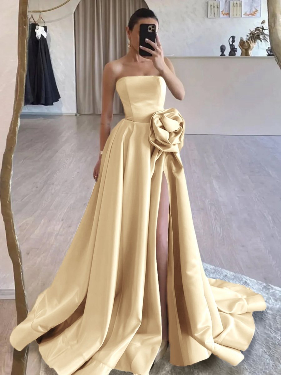 Strapless Satin Long Prom Dresses with High Split