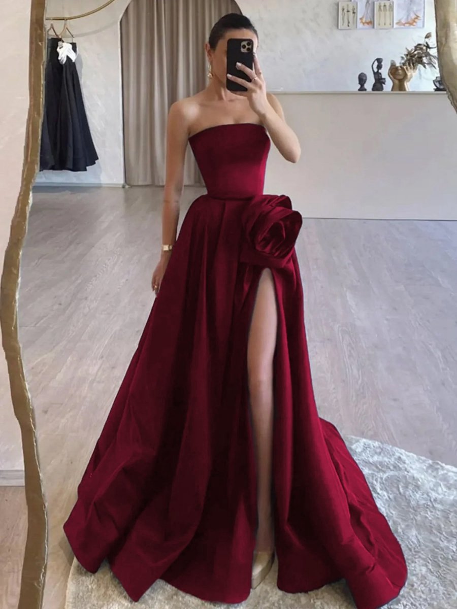 Strapless Satin Long Prom Dresses with High Split