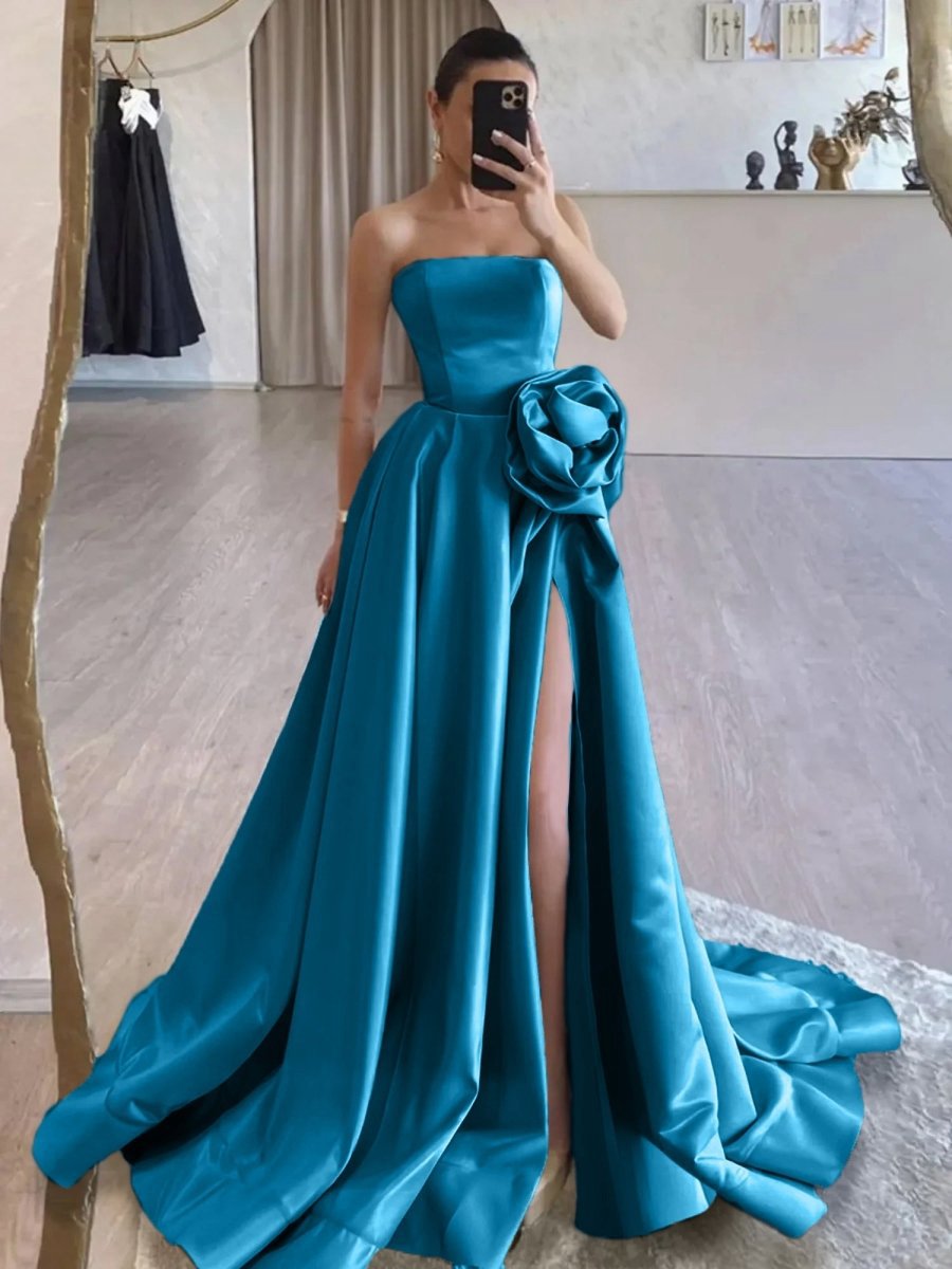 Strapless Satin Long Prom Dresses with High Split
