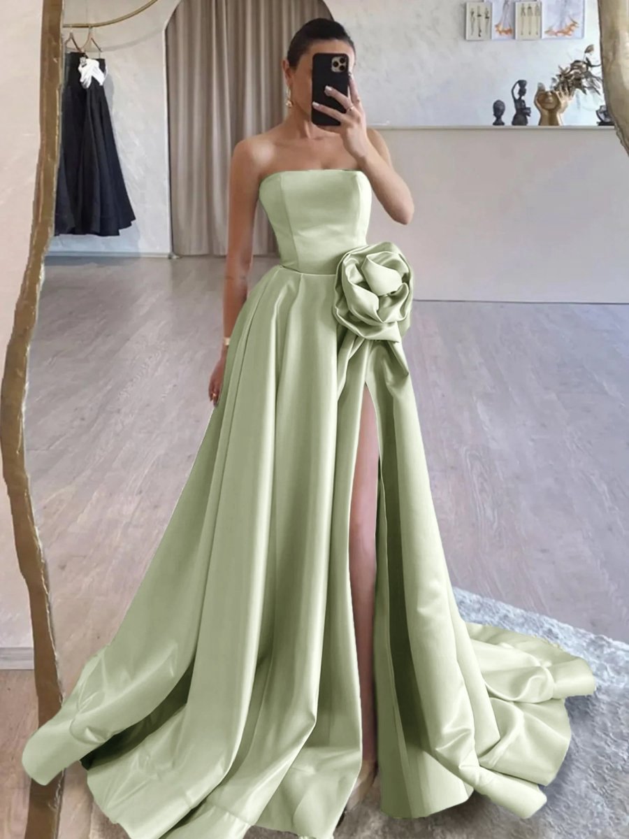 Strapless Satin Long Prom Dresses with High Split