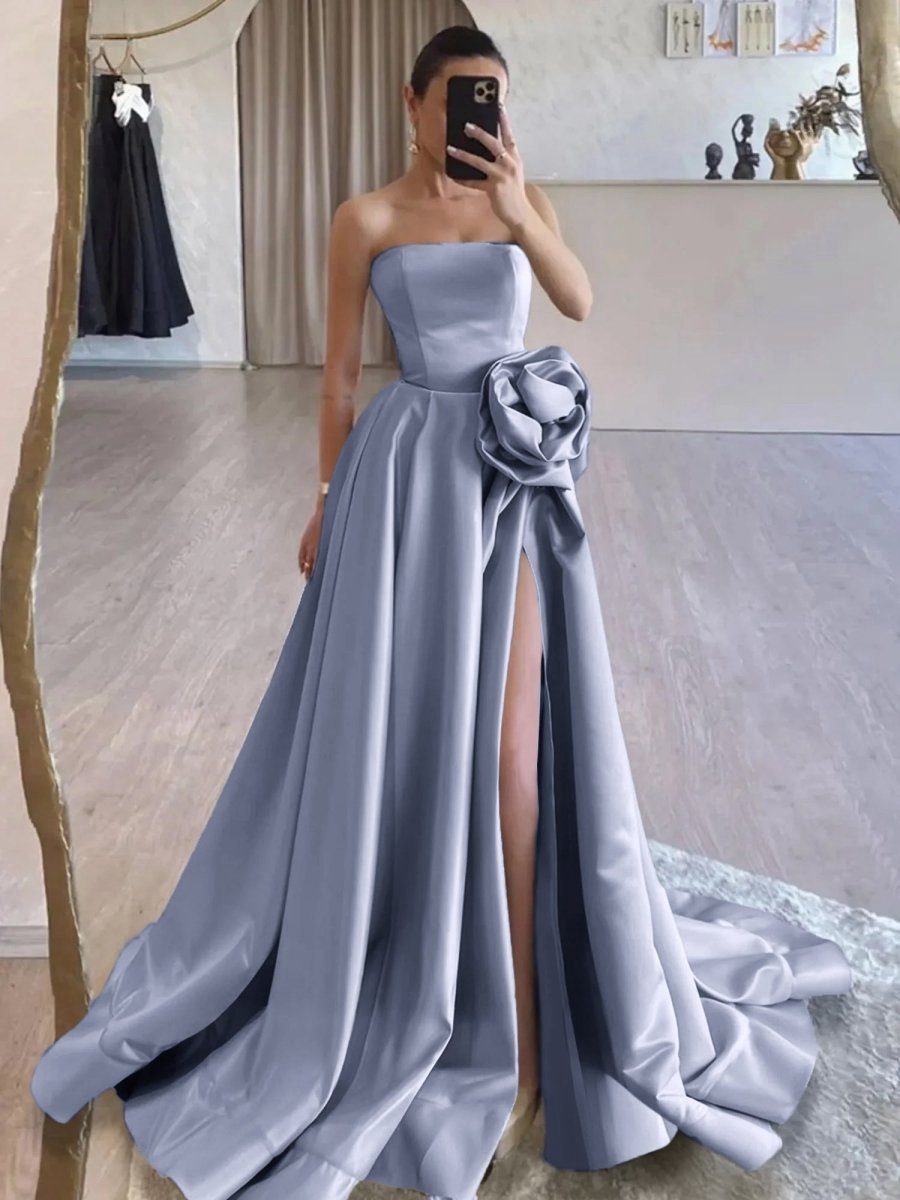 Strapless Satin Long Prom Dresses with High Split