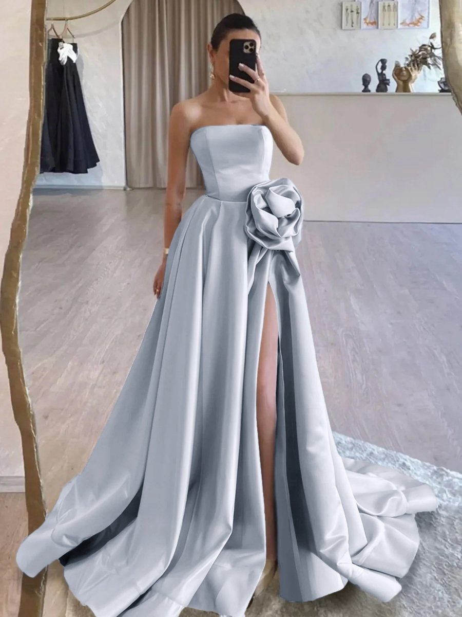 Strapless Satin Long Prom Dresses with High Split