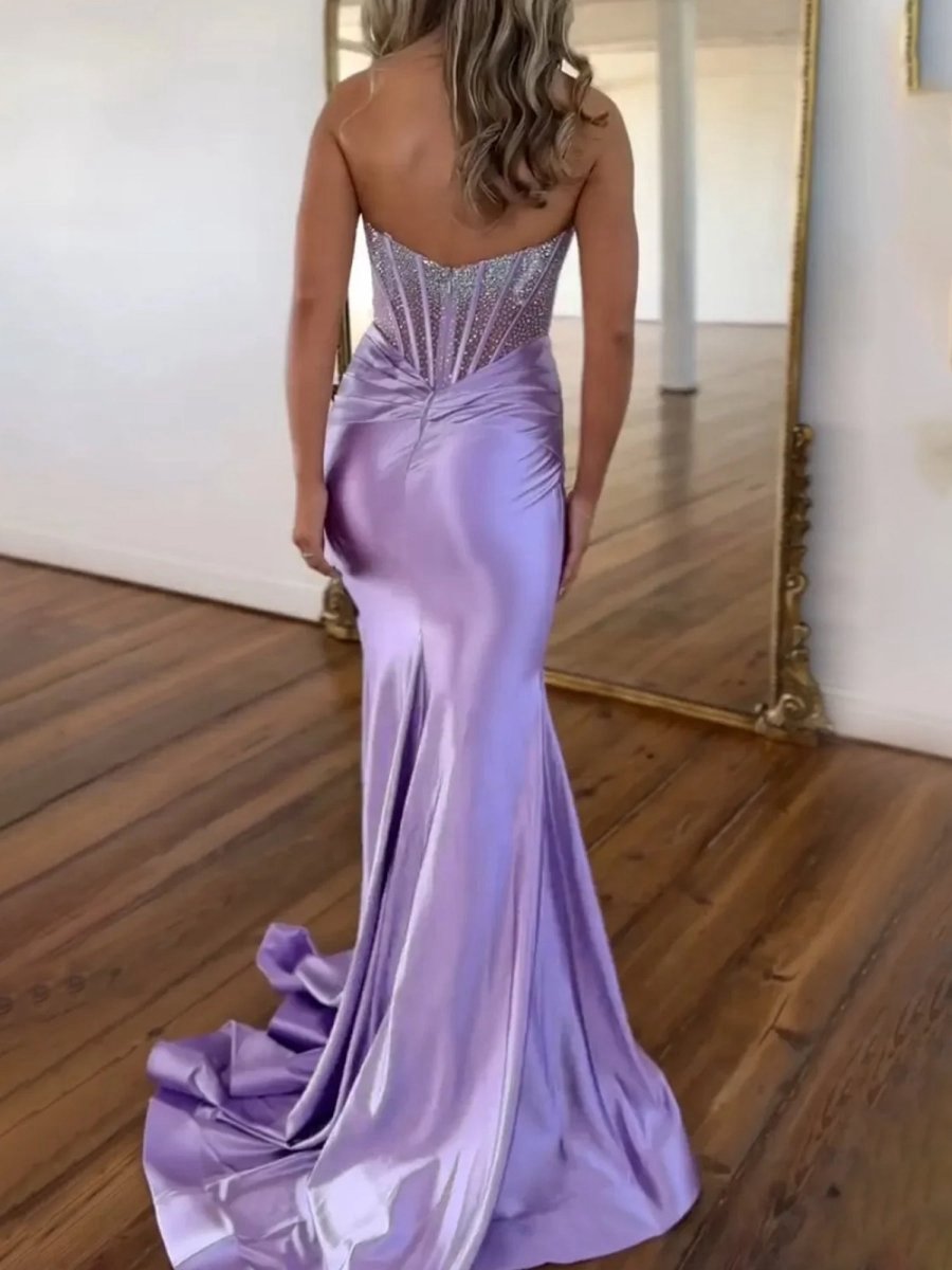 Strapless Mermaid Satin Long Prom Dresses with Beading