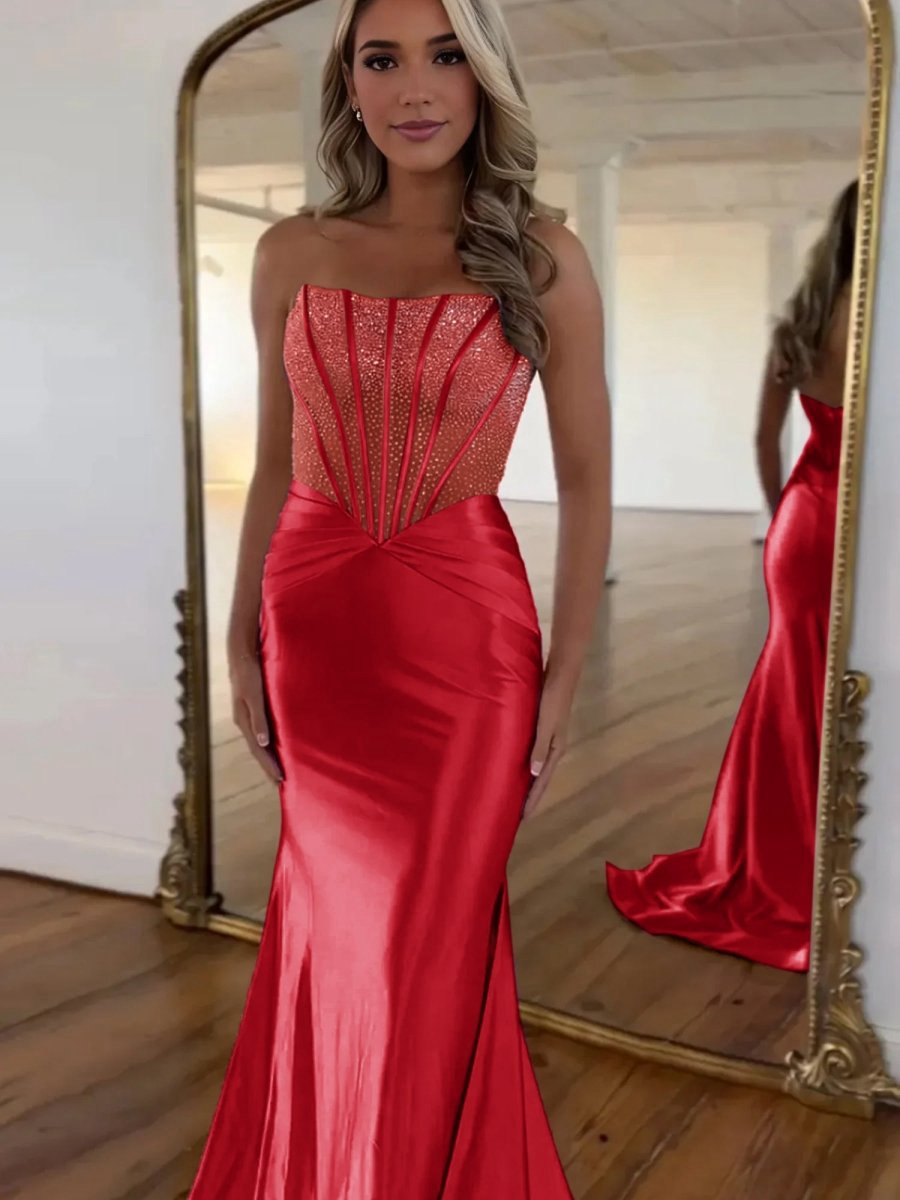 Strapless Mermaid Satin Long Prom Dresses with Beading