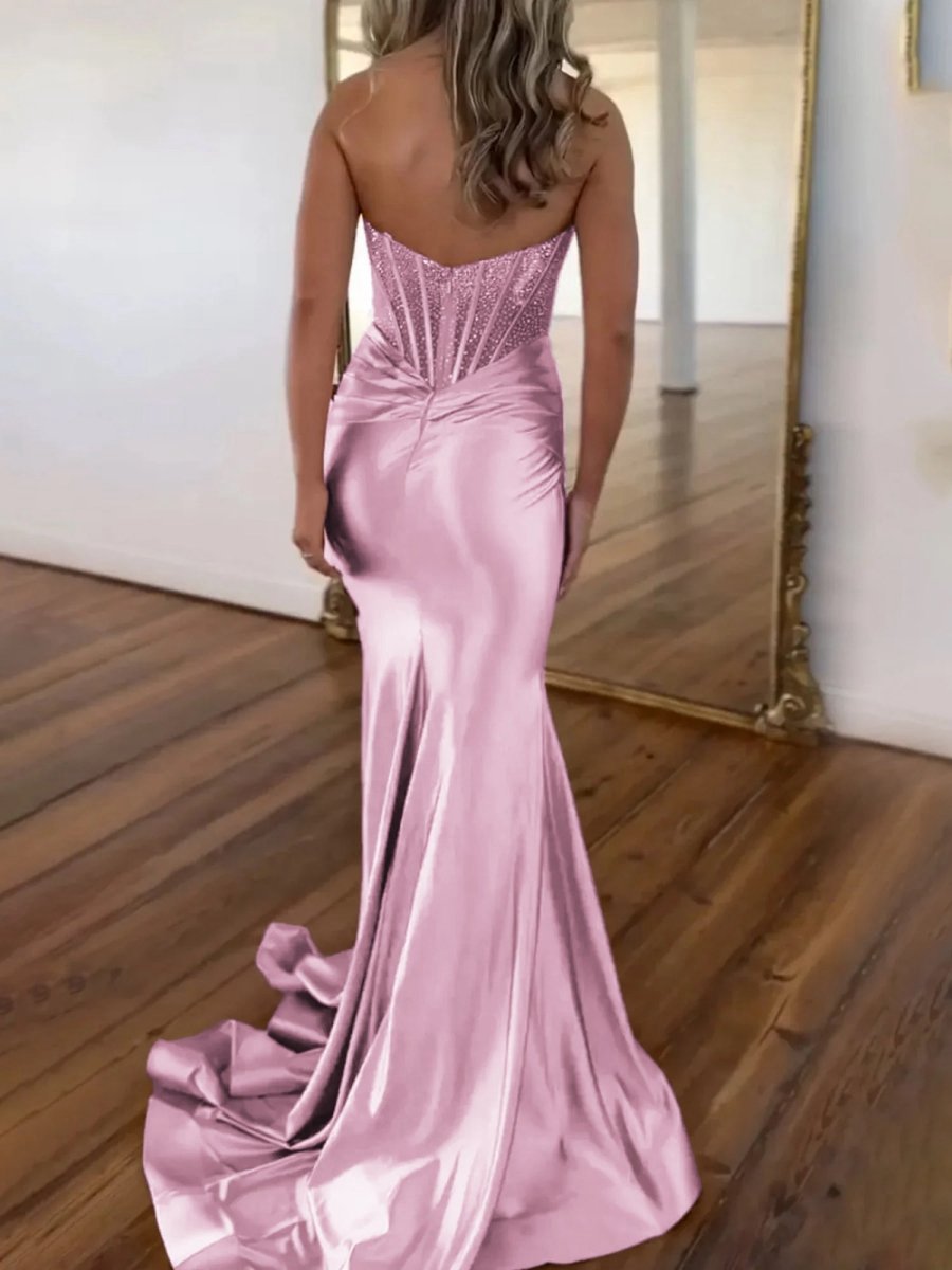 Strapless Mermaid Satin Long Prom Dresses with Beading