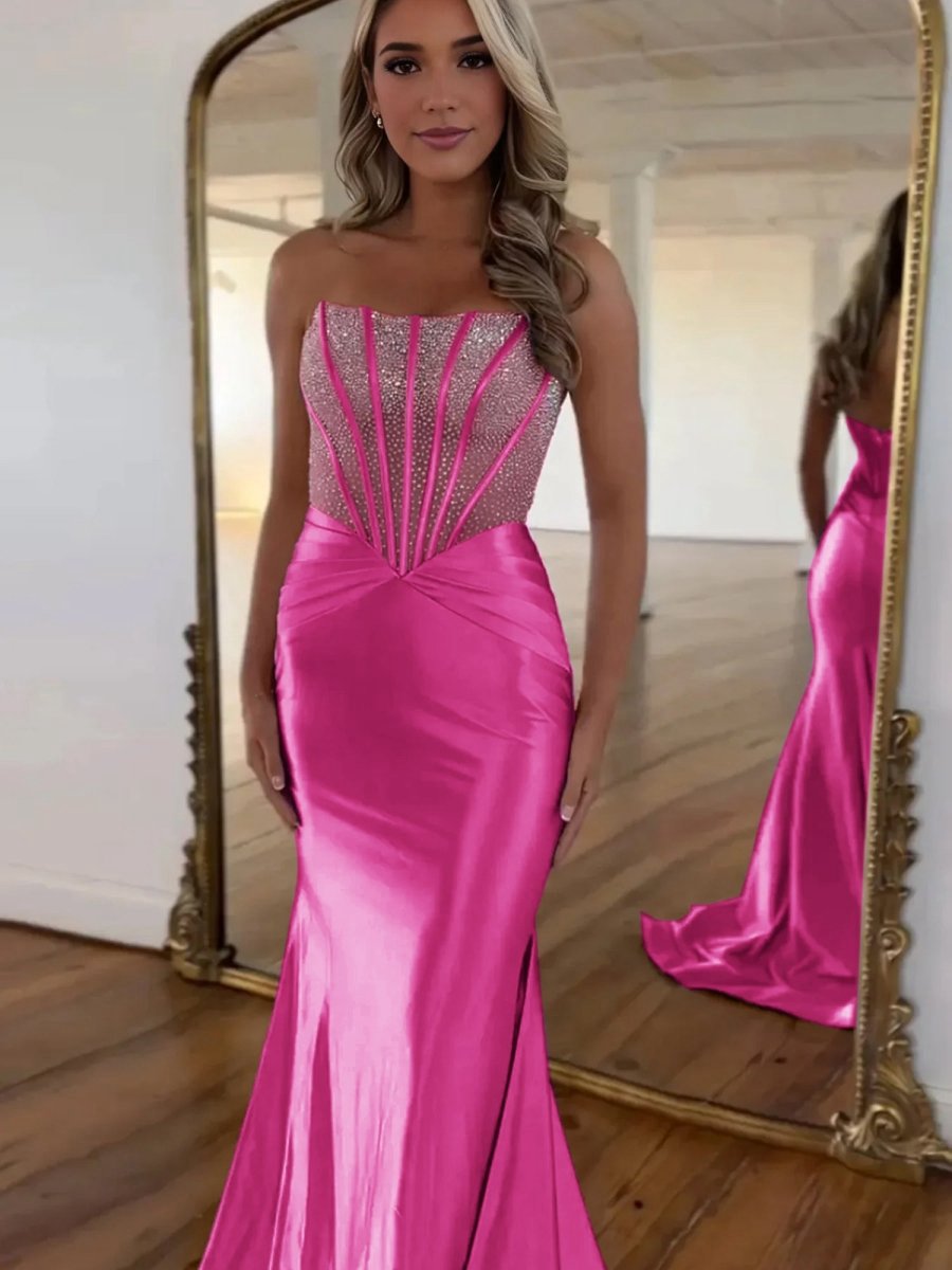 Strapless Mermaid Satin Long Prom Dresses with Beading