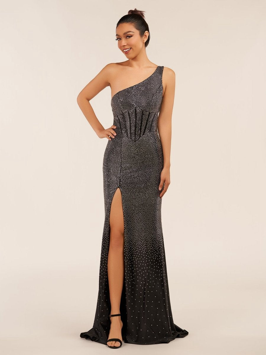 One Shoulder Sheath Beaded Prom Dresses with Split