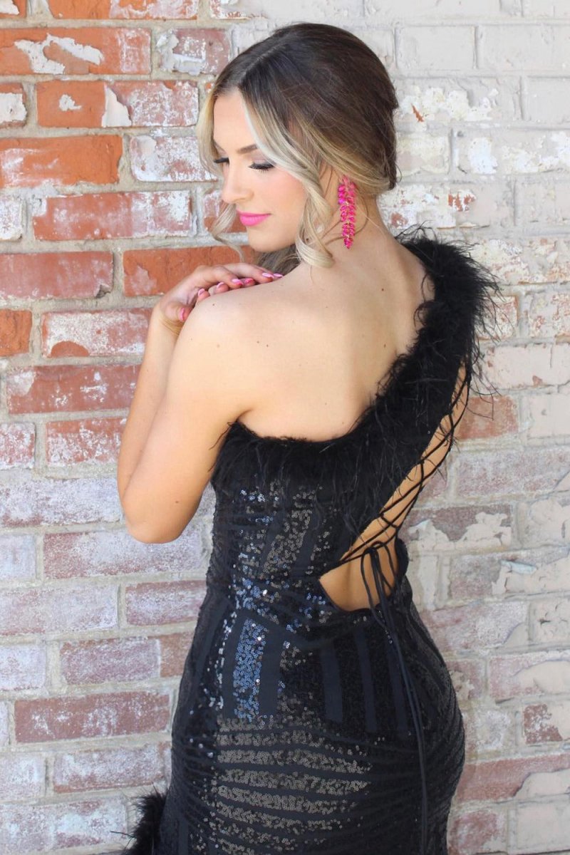 One Shoulder Mermaid Sequins Prom Dresses with Feather