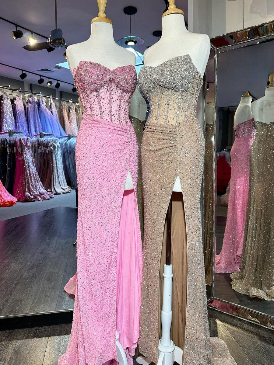 Strapless Sequins Mermaid Long Prom Dresses with Split