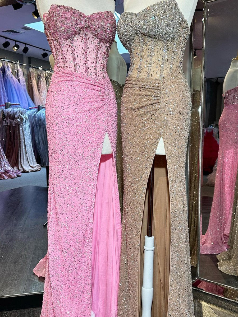 Strapless Sequins Mermaid Long Prom Dresses with Split