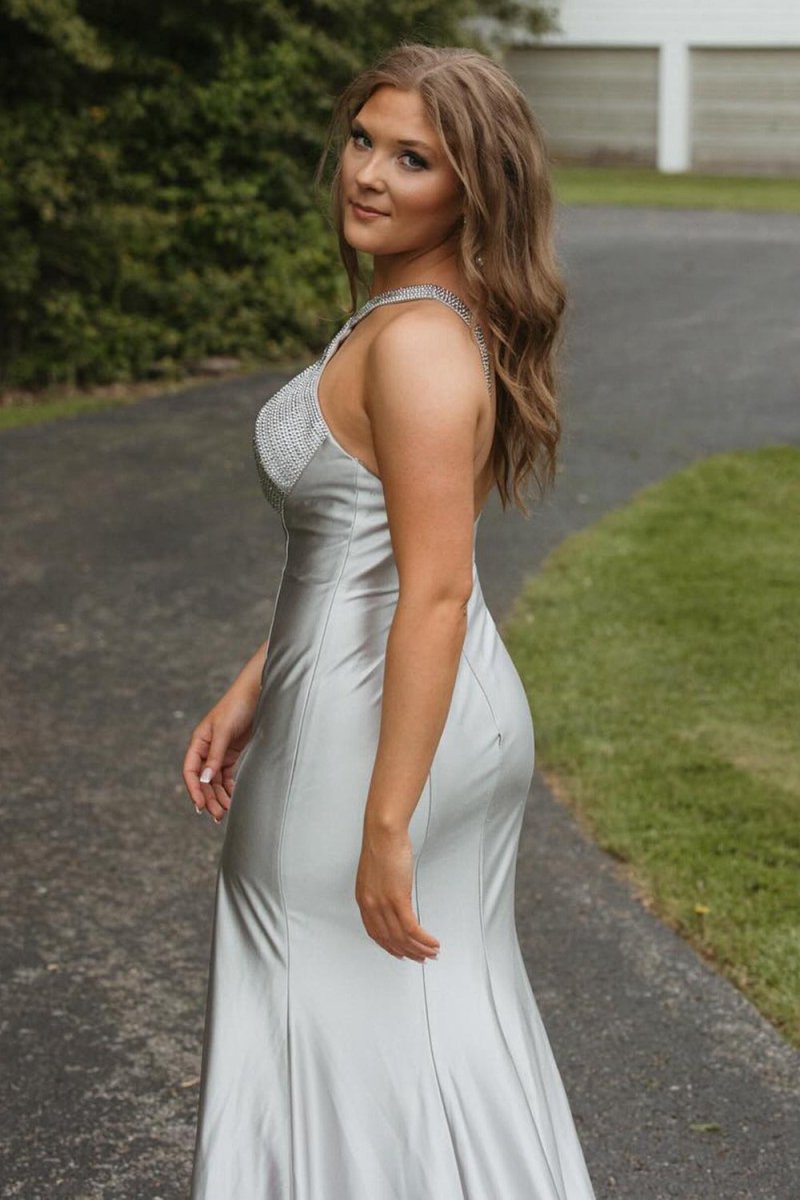 Halter Mermaid Satin Beaded Prom Dresses with Split