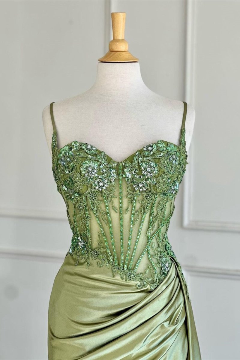Spaghetti Straps Mermaid Appliqued Prom Dresses with Split