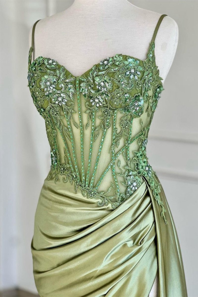 Spaghetti Straps Mermaid Appliqued Prom Dresses with Split