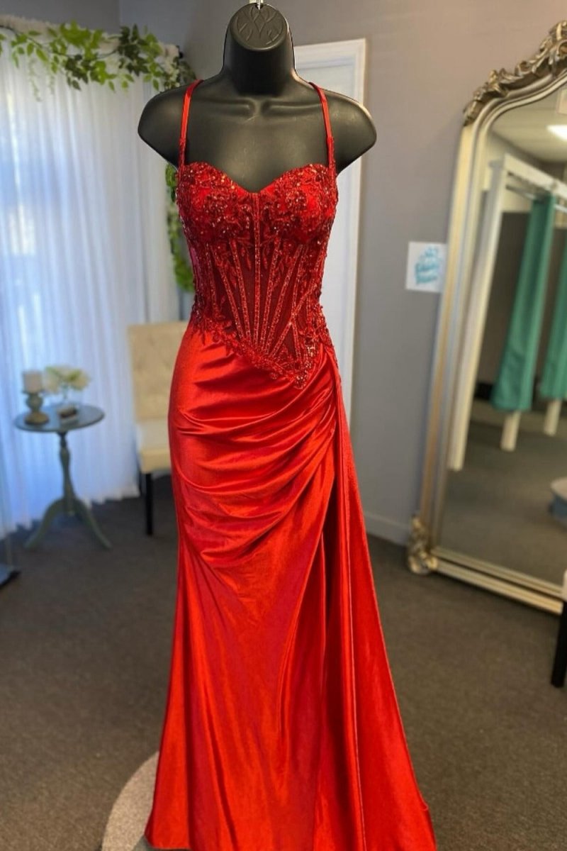 Spaghetti Straps Mermaid Appliqued Prom Dresses with Split
