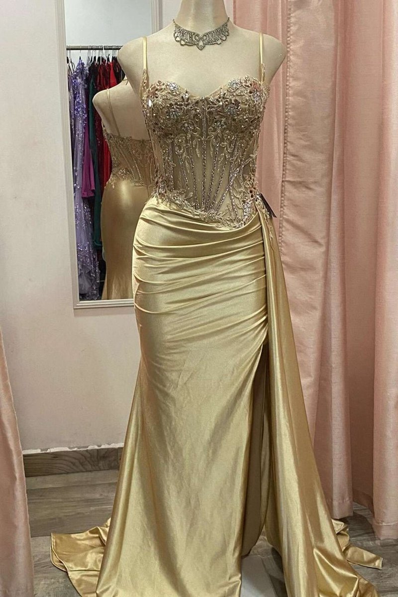Spaghetti Straps Mermaid Appliqued Prom Dresses with Split
