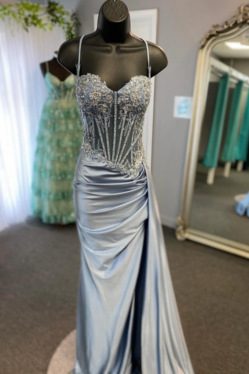 Spaghetti Straps Mermaid Appliqued Prom Dresses with Split
