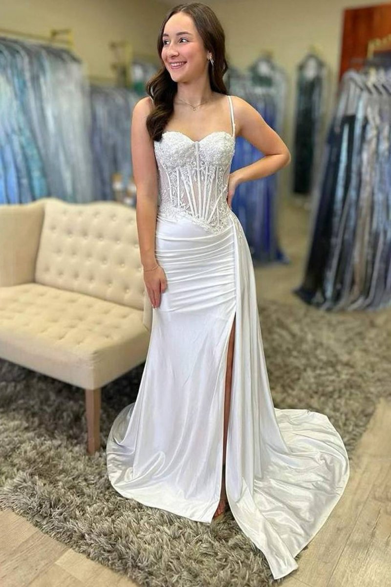 Spaghetti Straps Mermaid Appliqued Prom Dresses with Split
