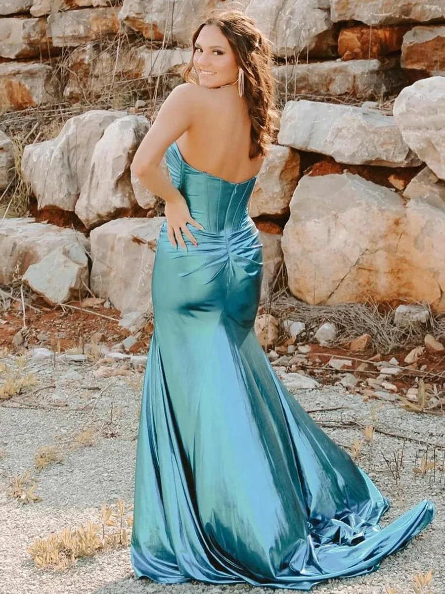 Mermaid Sweetheart Strapless Metallic Empire Prom Dresses with Side Slit