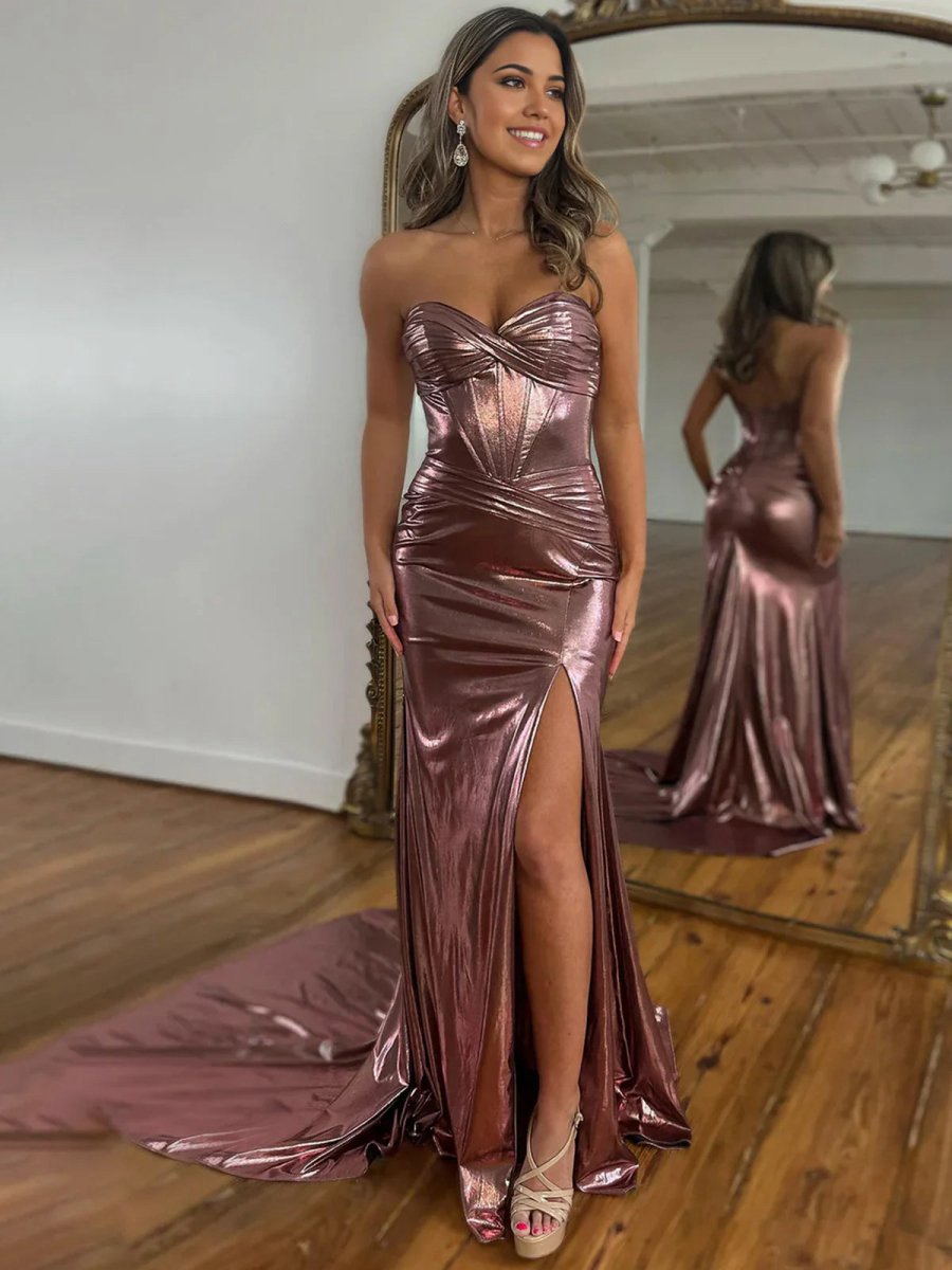Mermaid Sweetheart Strapless Metallic Empire Prom Dresses with Side Slit