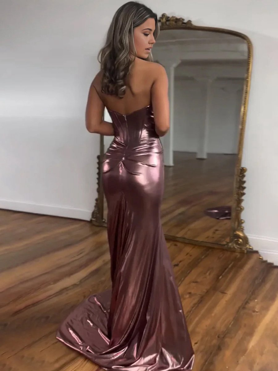 Mermaid Sweetheart Strapless Metallic Empire Prom Dresses with Side Slit