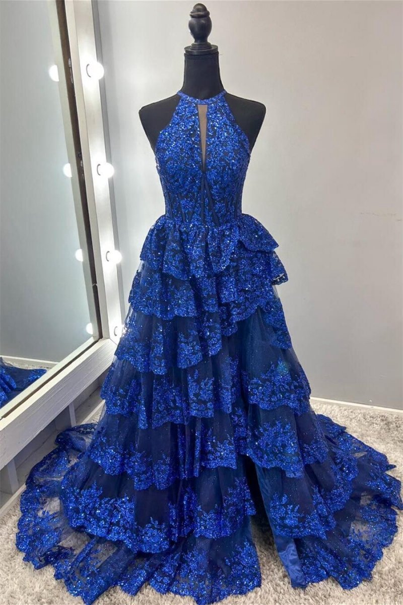 High Neck Sleeveless Empire Lace Tie Long Formal Dresses