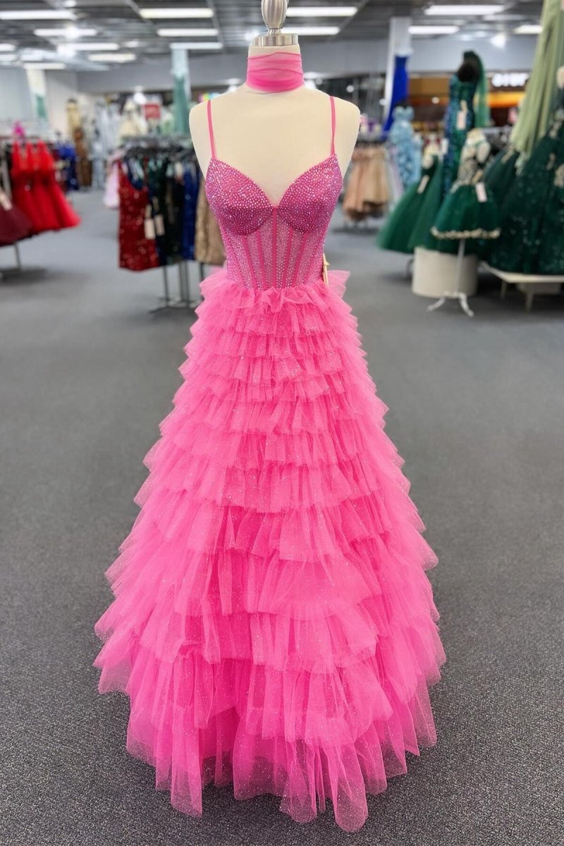 Tulle A-line Spaghetti Strap Beaded Long Tie Prom Dresses