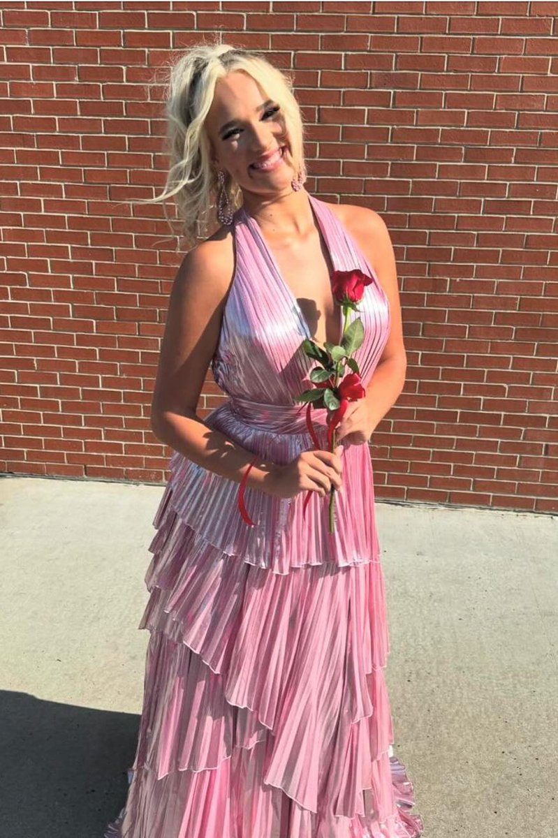 Metallic A-line Tie V-Neck Sleeveless Prom Dresses with Slit