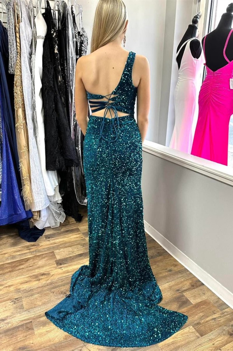 One-Shoulder Turquoise Sequin Keyhole Long Prom Dresses with Slit