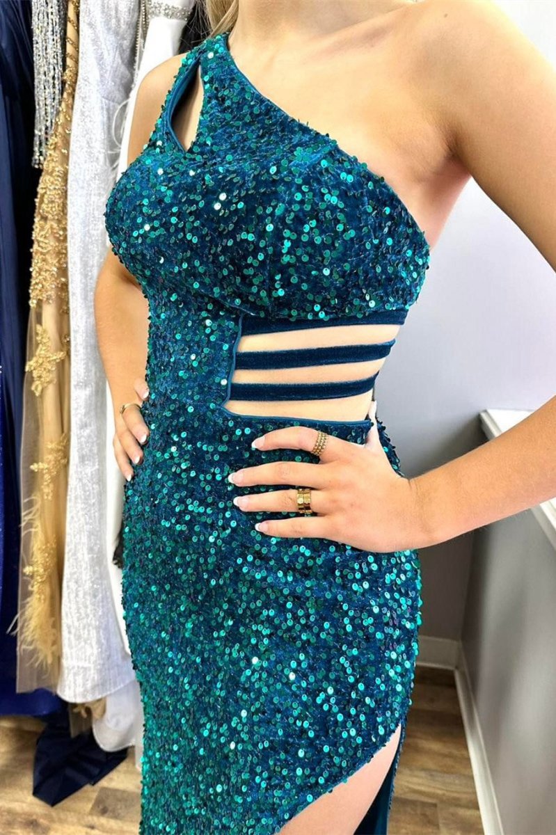 One-Shoulder Turquoise Sequin Keyhole Long Prom Dresses with Slit