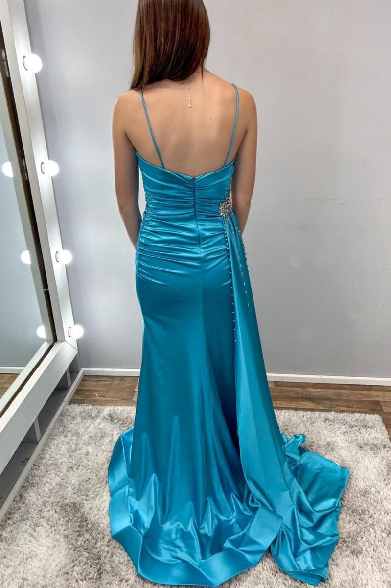 Teal Beaded Spaghetti Strap Long Gown with Attached Train