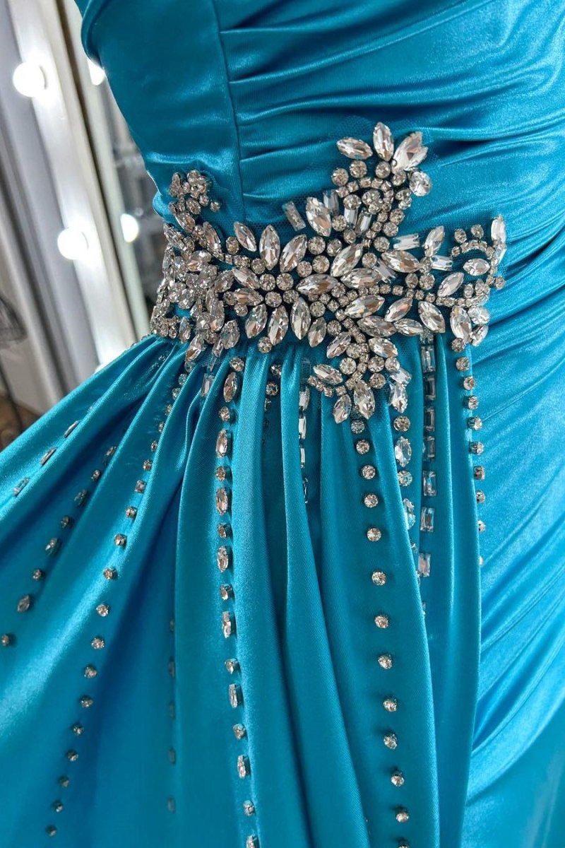 Teal Beaded Spaghetti Strap Long Gown with Attached Train