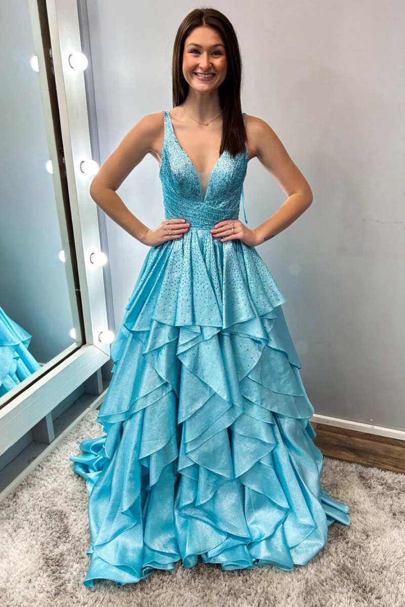 Hot Stone Multi-Layer Ruffle Long Prom Dresses