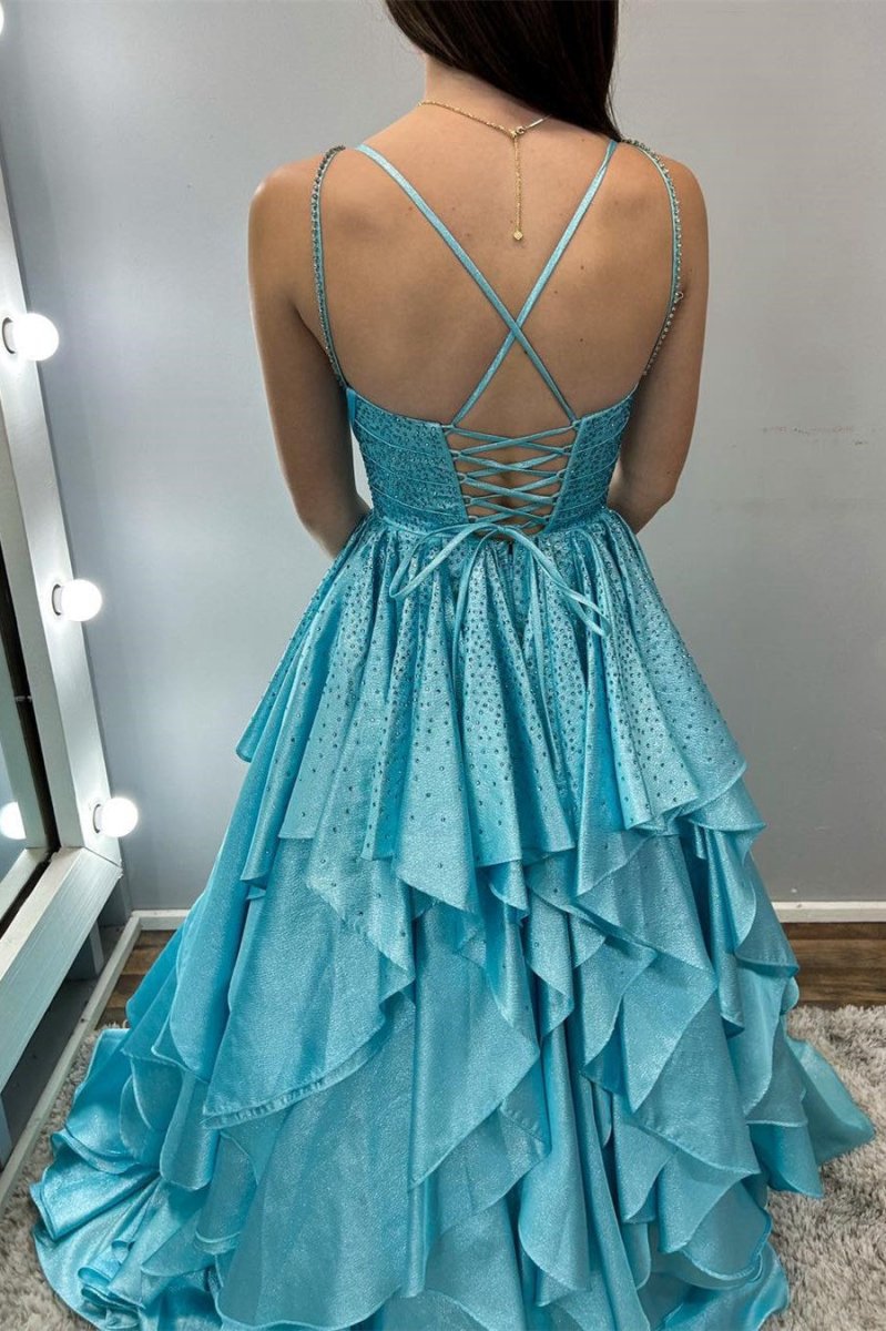 Hot Stone Multi-Layer Ruffle Long Prom Dresses