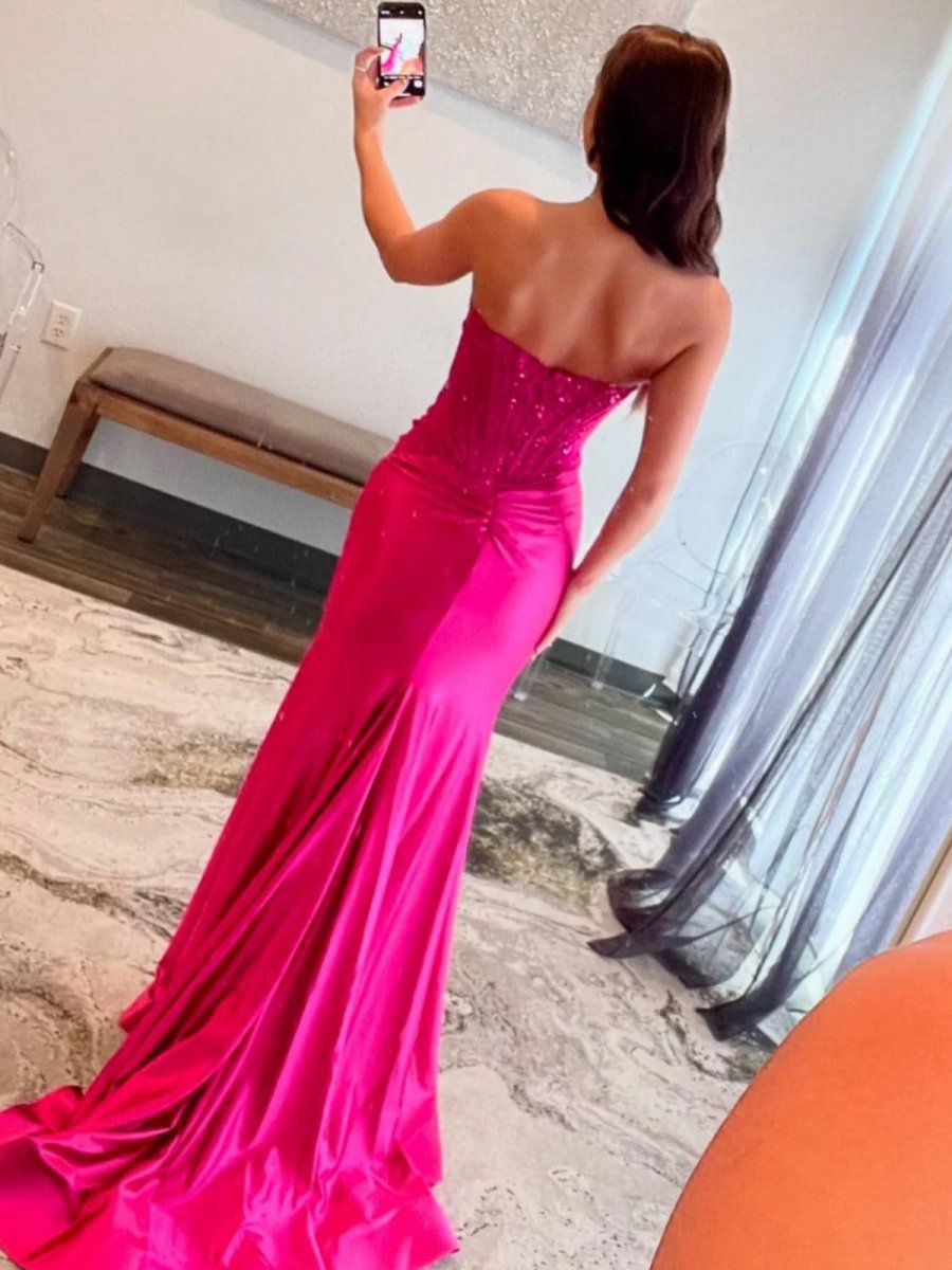 Beaded Strapless Applique Formal Dresses with Slit