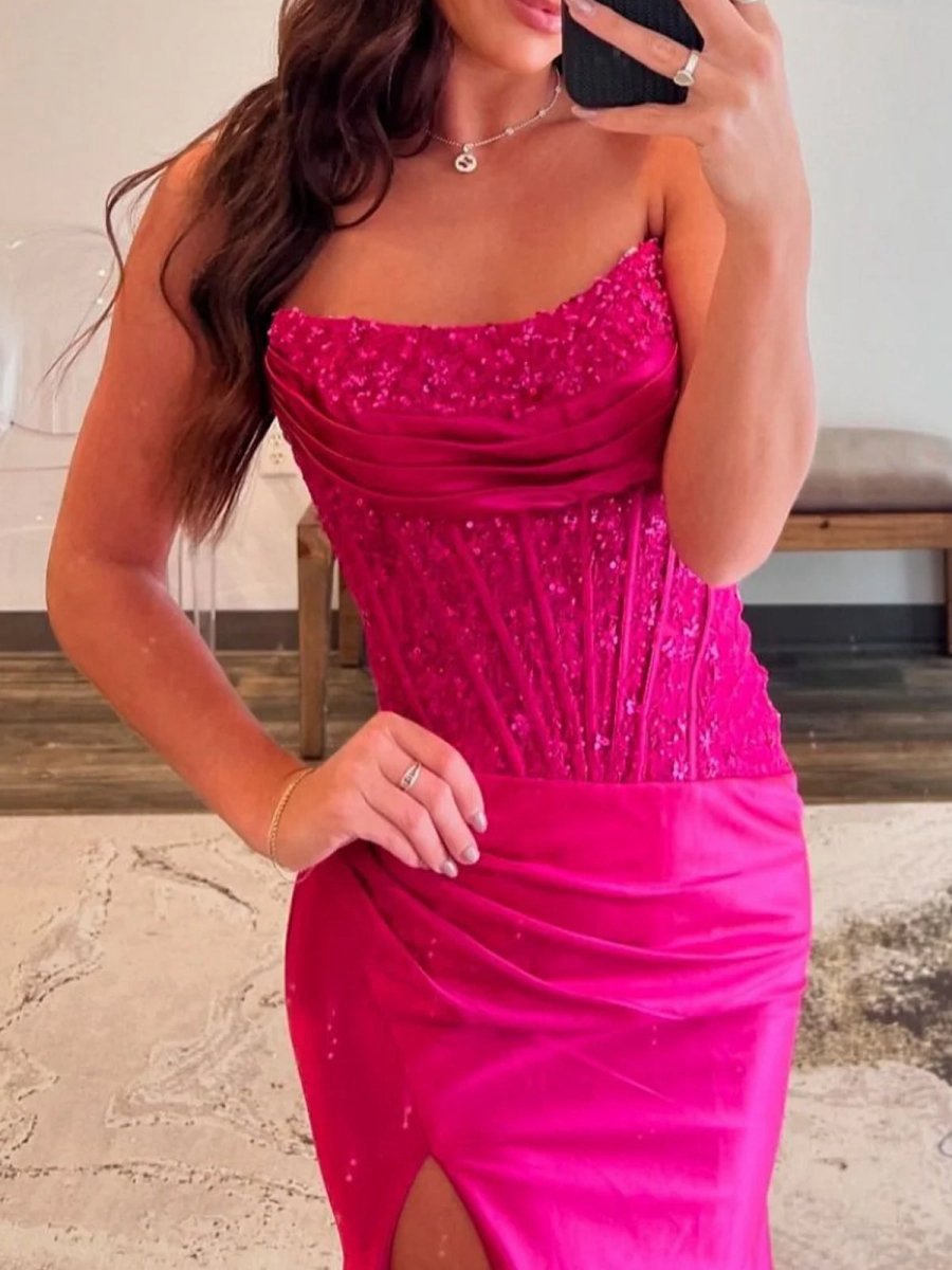 Beaded Strapless Applique Formal Dresses with Slit