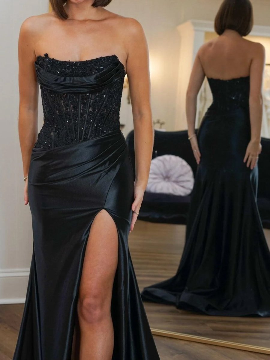 Beaded Strapless Applique Formal Dresses with Slit