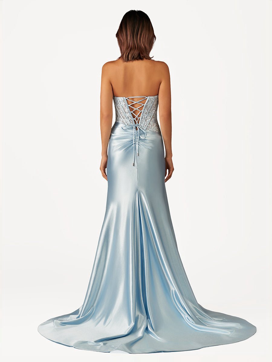 Beaded Strapless Applique Formal Dresses with Slit