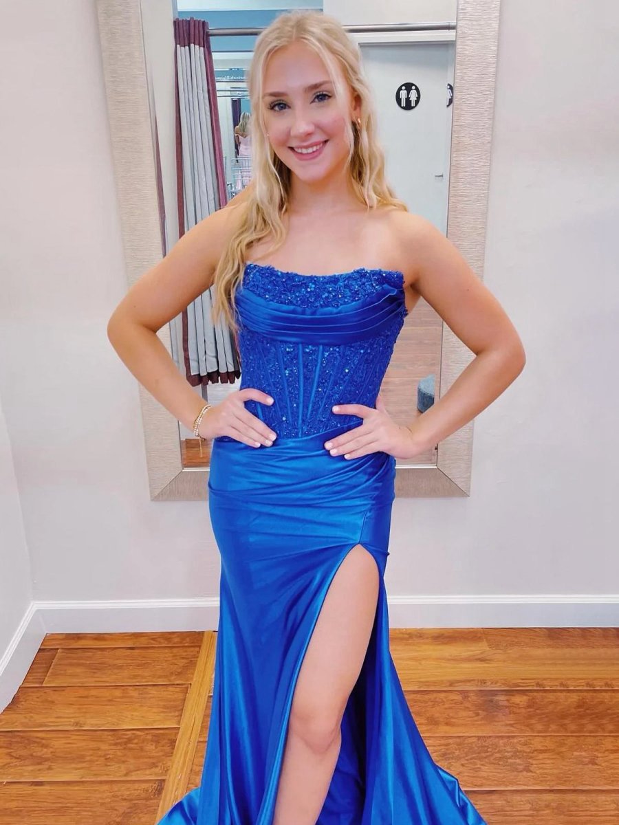 Beaded Strapless Applique Formal Dresses with Slit