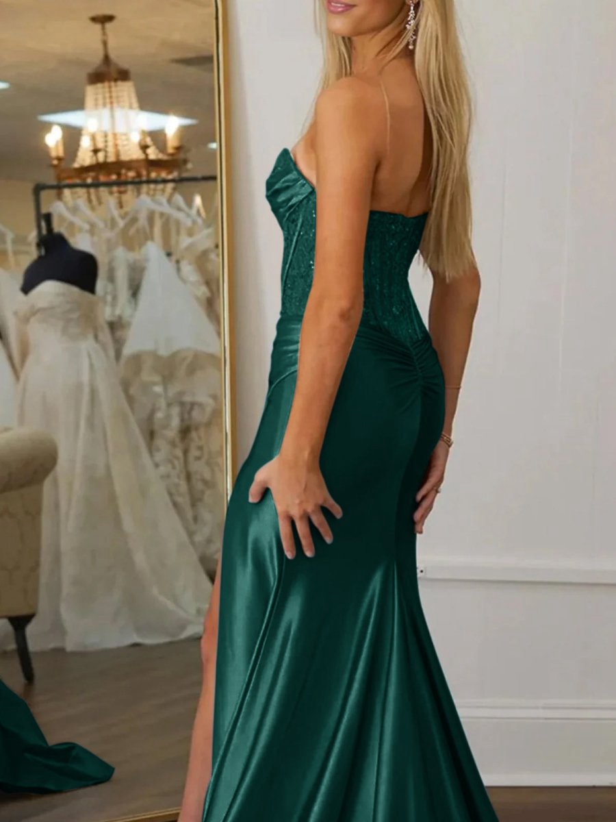 Beaded Strapless Applique Formal Dresses with Slit