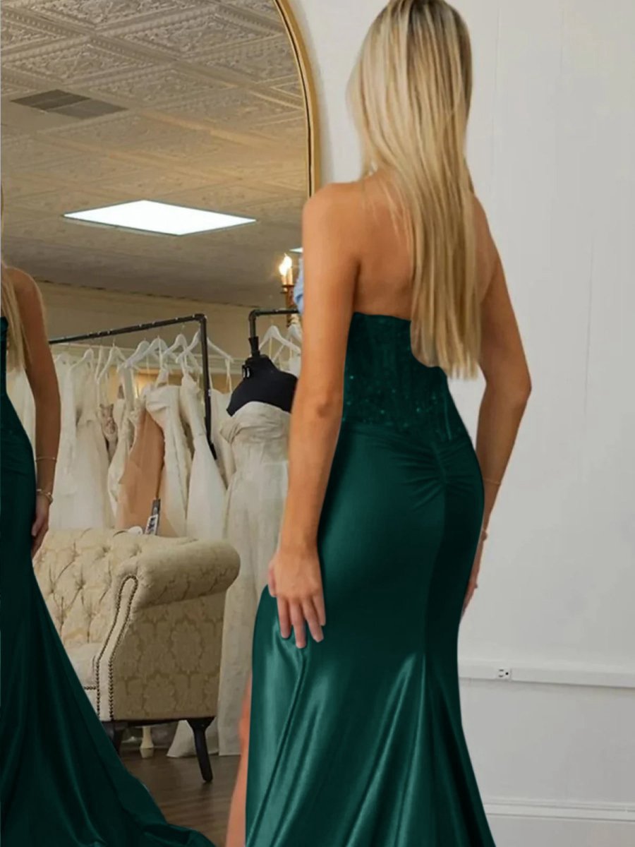 Beaded Strapless Applique Formal Dresses with Slit