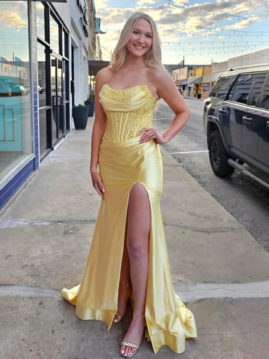 Beaded Strapless Applique Formal Dresses with Slit