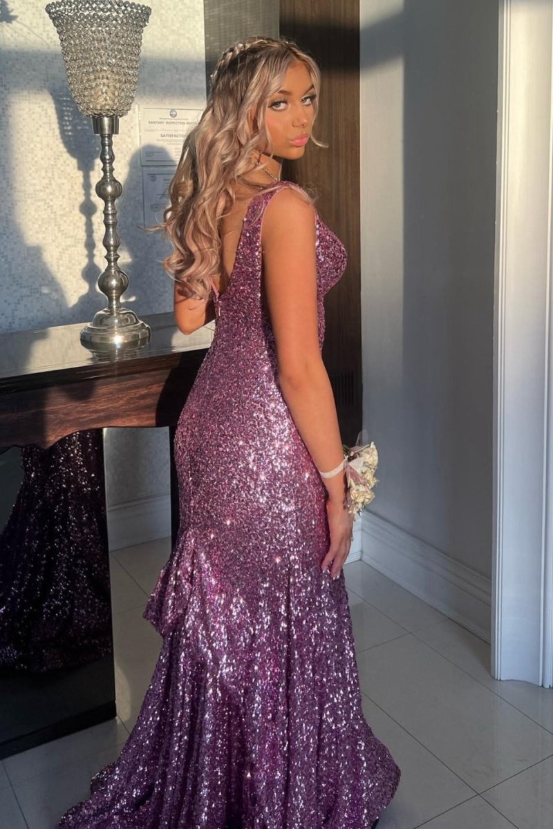 Sequins V-Neck Mermaid Evening Long Prom Dresses