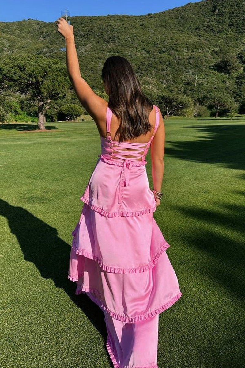 A-line Ruffles Slit Prom Dresses with Lace-up Back