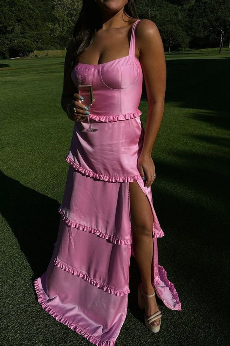 A-line Ruffles Slit Prom Dresses with Lace-up Back